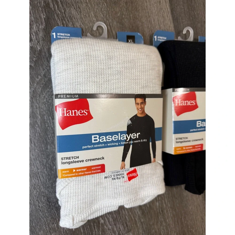 Hanes Premium Baselayer Mens XL 2 Pack Black White Stretch Thermal Crewneck Tops